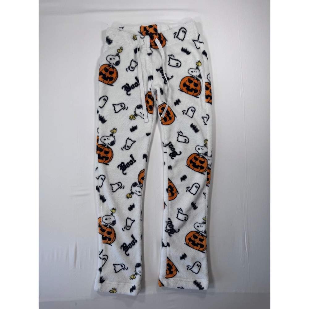 Peanuts Pajama Pants Snoopy Halloween Pumpkin Fleece White XS Holiday Lounge
